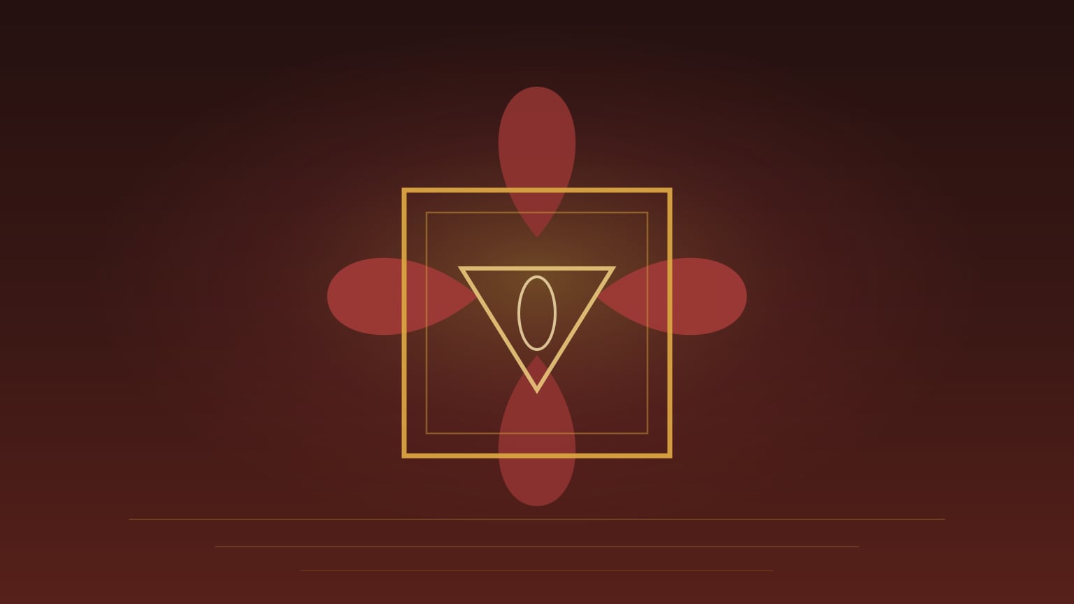 Editorial illustration of Muladhara: a golden square of the Earth element with downward triangle, held by four crimson lotus petals over grounding horizon lines