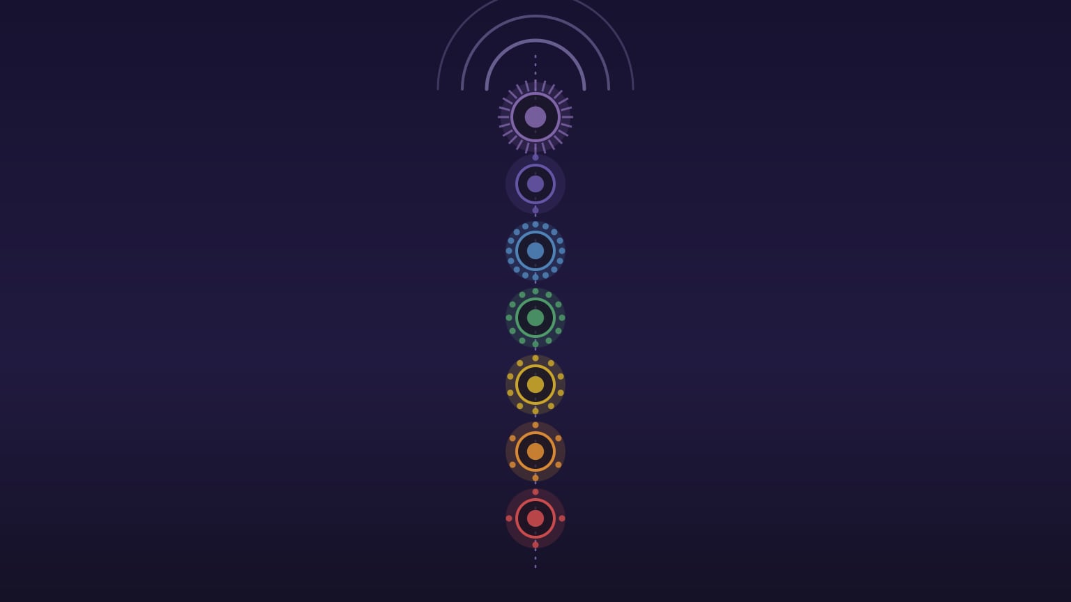 Seven chakra nodes in their traditional colors ascending along a subtle central axis, from crimson root to radiant violet crown